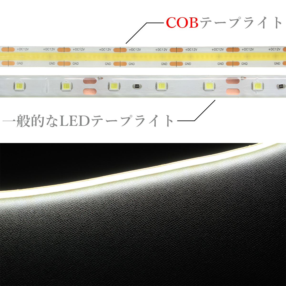 LED COB テープライト 20cm 12V 防水 白ベース 片端子 正面発光 車 自動車 バイク 高輝度 両面テープ 2本セット_画像3