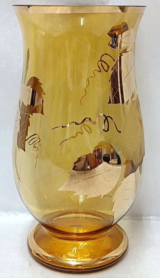 ・美品 チェコ製 ボヘミアグラス アンバー金彩花紋 フラワーベース・花瓶の画像5