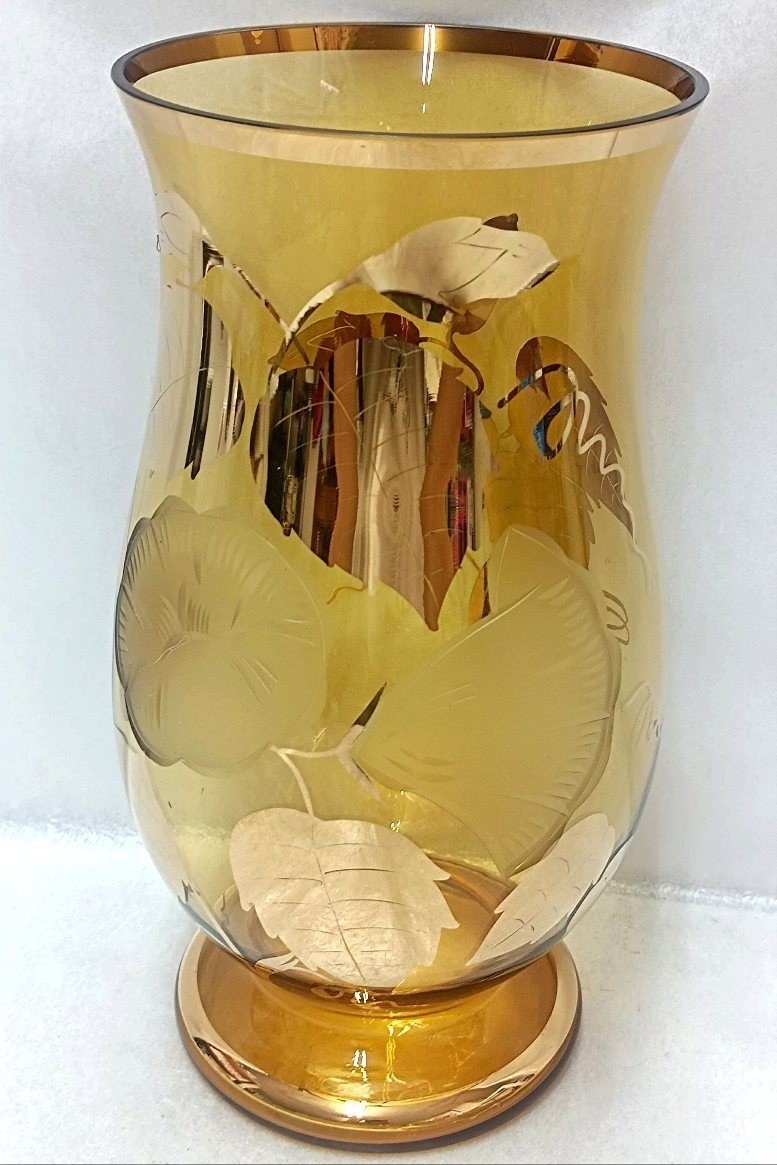 ・美品 チェコ製 ボヘミアグラス アンバー金彩花紋 フラワーベース・花瓶の画像1