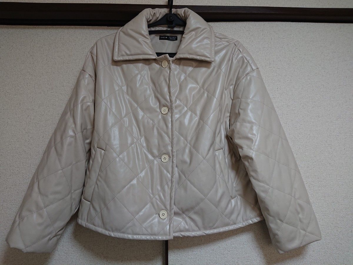 エコレザー キルティング ジャケット コート ステンカラー ライダース SHEIN ブルゾン グレージュ 防寒軽量 撥水 花粉対策