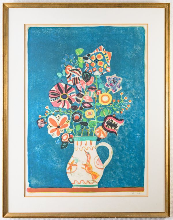 ■ ポール・アイズピリ|青い背景の花瓶の花|リトグラフ|サイン有|限定175|検:カシニョール，ローランサン，ジャンセン|真作保証|m021|