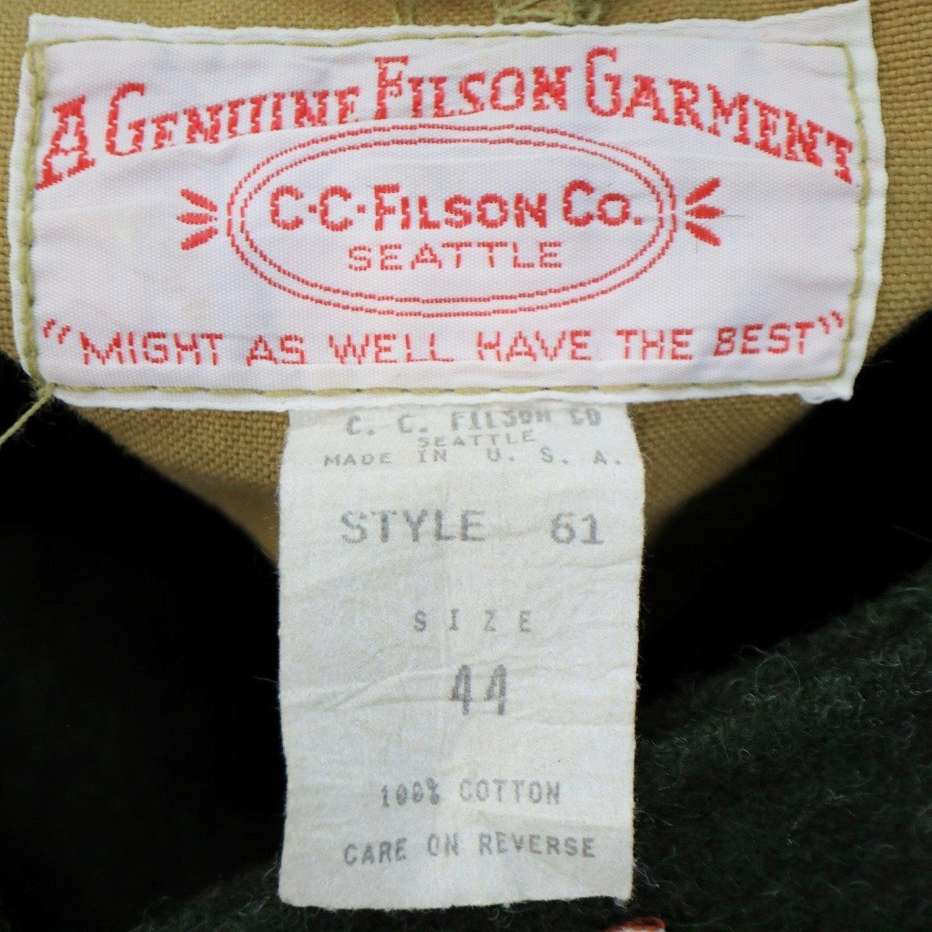 70年代 USA製 FILSON フィルソン オイルド ハンティングジャケット チンストラップ ベージュ (メンズ 44) 中古 古着 O5496_画像8