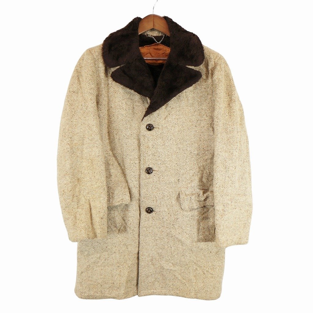 80年代 USA製 WOOLRICH ウールリッチ ギャングコート 防寒 ヘリンボーン ベージュ (メンズ 40) 中古 古着 O5557_画像1