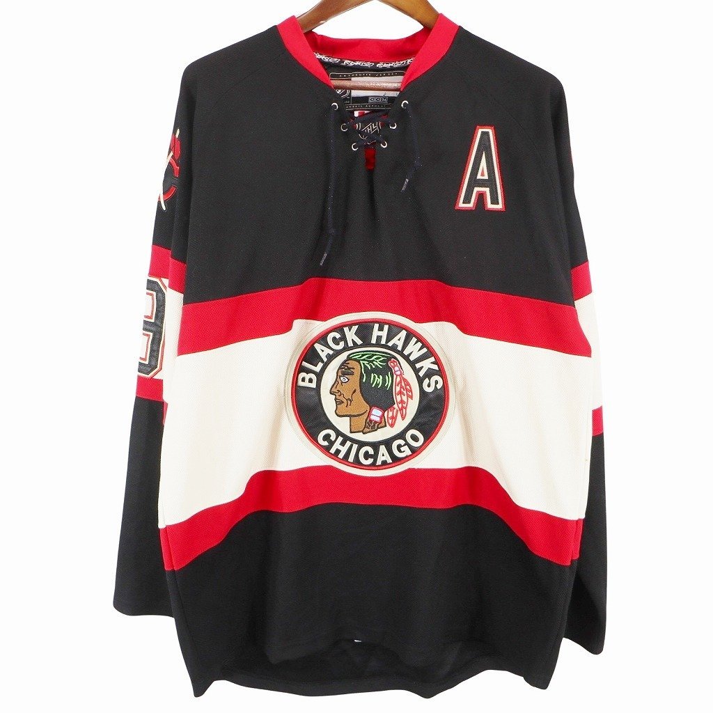 カナダ製 Reebok リーボック NHL シカゴ・ブラックホークス ユニフォーム 長袖Ｔシャツ プロチーム ブラック (メンズ 50) 中古 古着 O5866