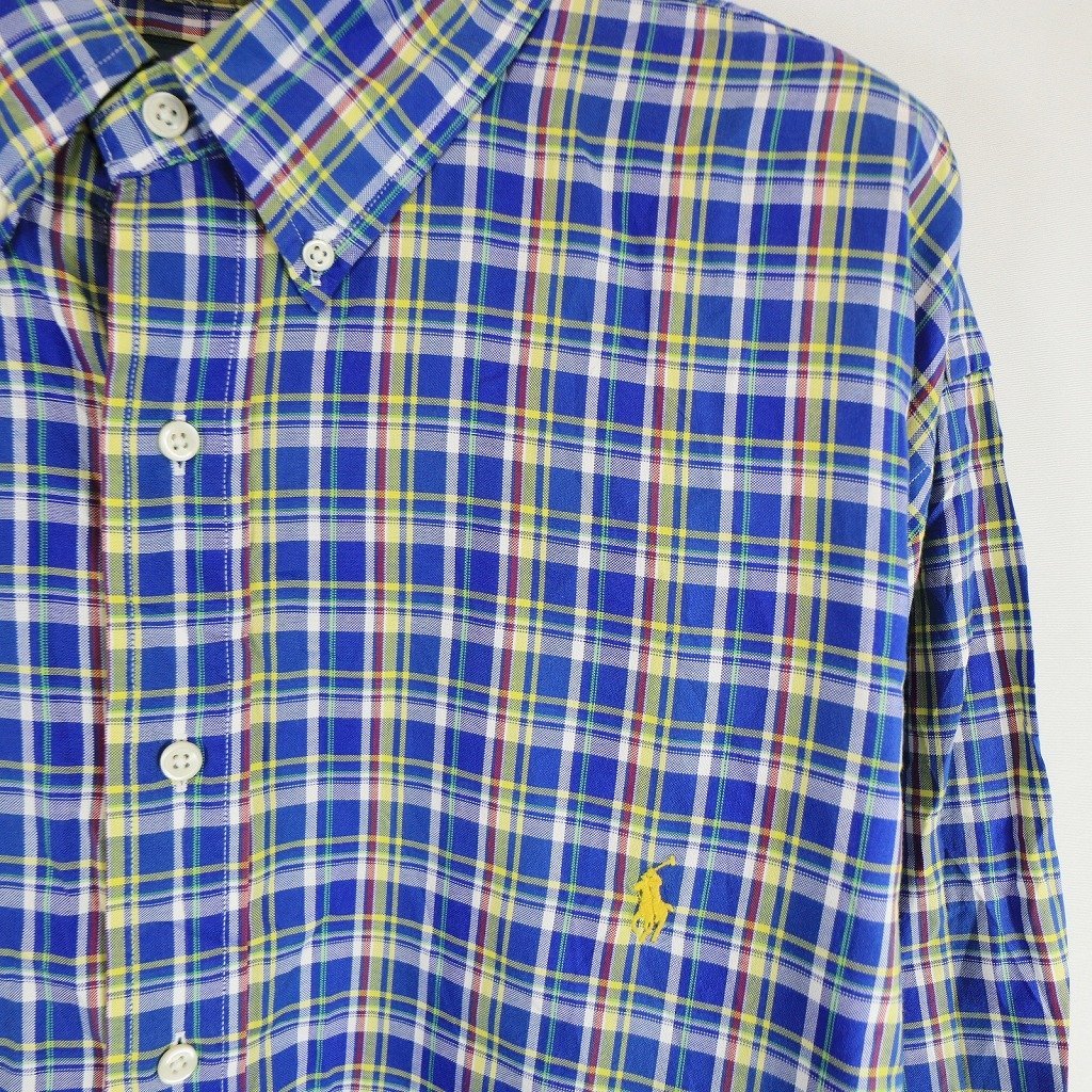 RALPH LAUREN ラルフローレン 長袖シャツ 大きいサイズ 刺繍 ボタンダウン チェック柄 ブルー (メンズ 3XB) 中古 古着 O6029_画像4