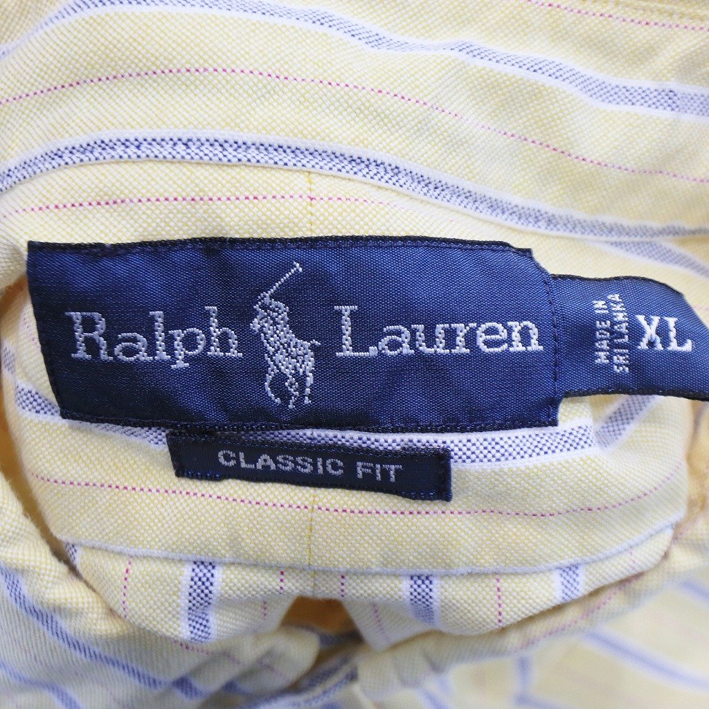 RALPH LAUREN ラルフローレン 半袖シャツ 刺繍 ワンポイントロゴ ストライプ イエロー (メンズ XL) 中古 古着 O6309_画像4