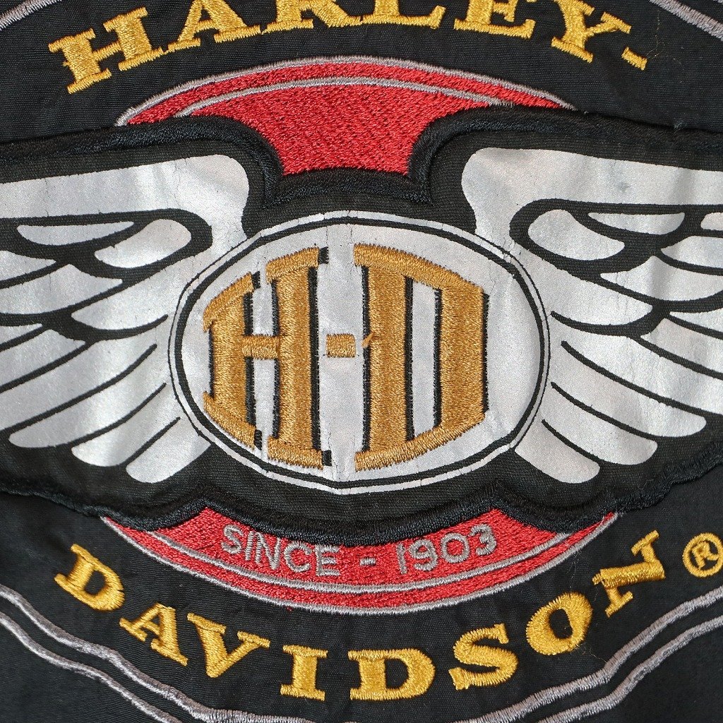 USA製 HARLEY DAVIDSON ハーレーダビッドソン ナイロンジャケット 大きいサイズ 刺繍 バイクウェア ブラック (メンズ XL) 中古 古着 O6392_画像3