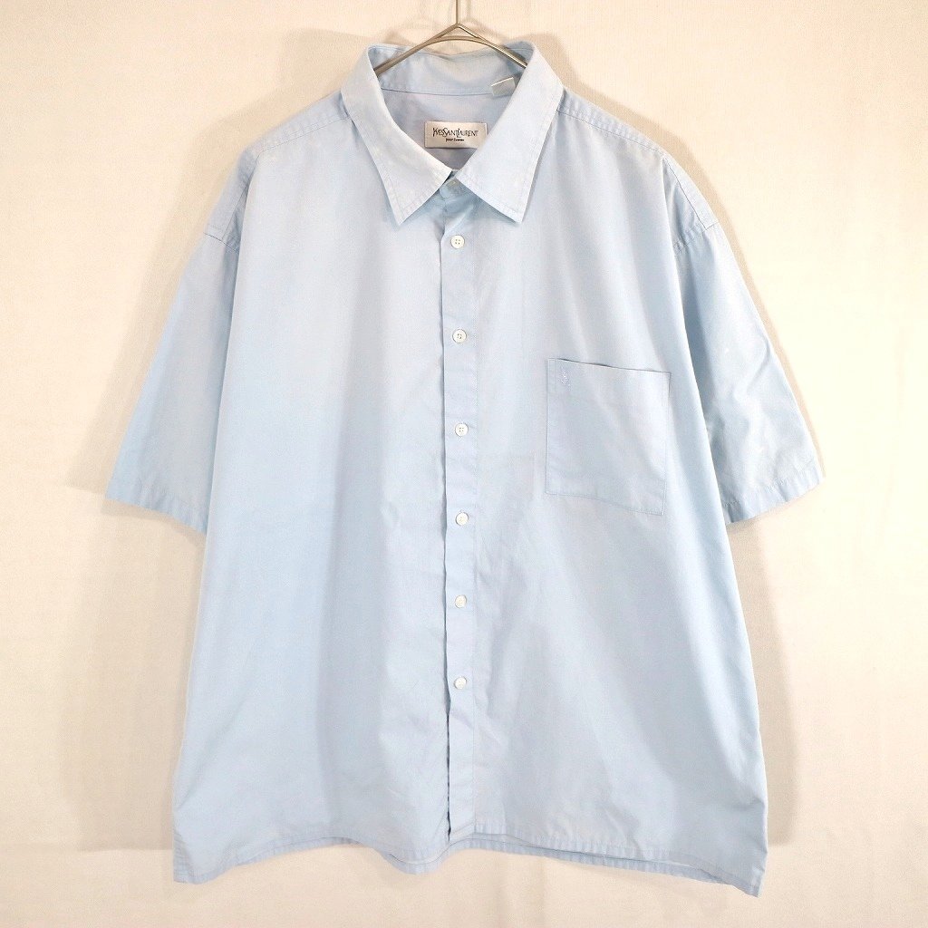 SALE/ YVES SAINT LAURENT Yves Saint-Laurent one Point Logo short sleeves shirt box Silhouette light blue ( men's XXL) O0591