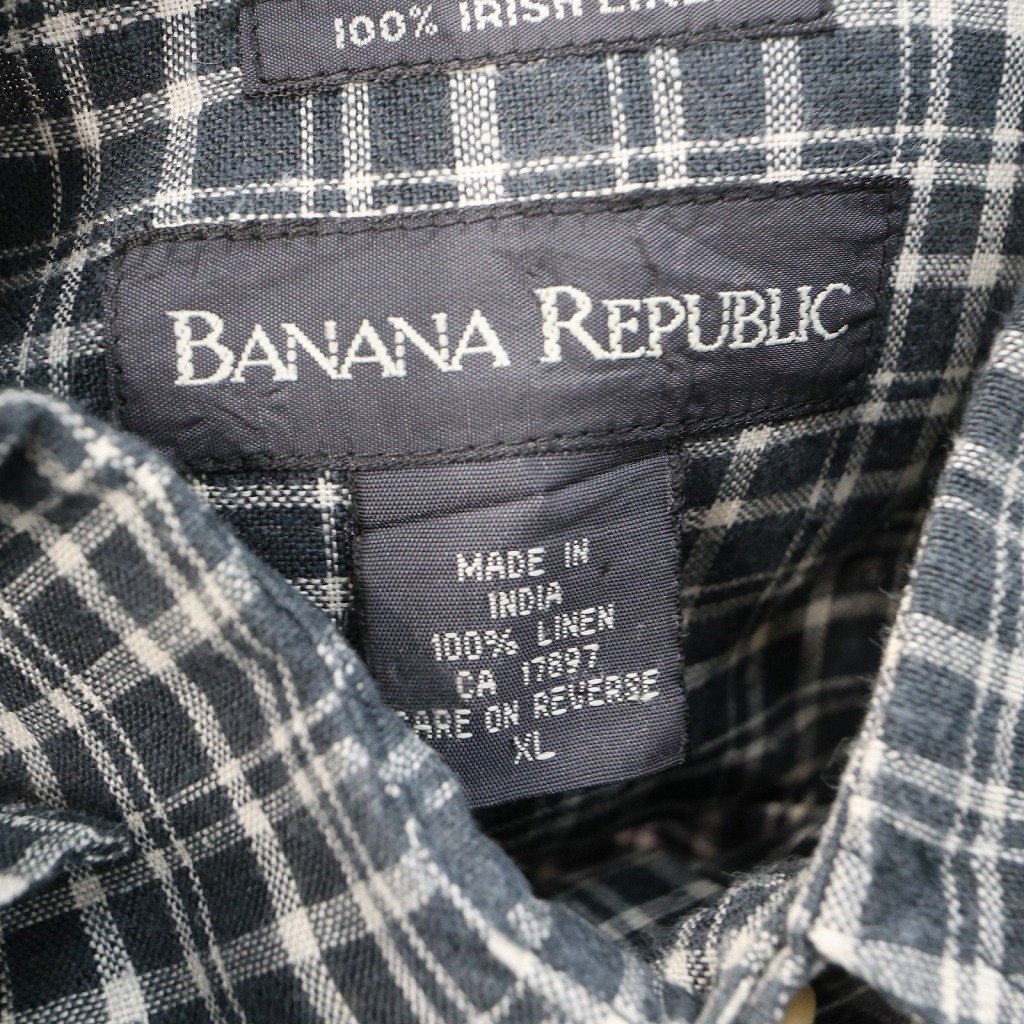 90年代 Banana Republic バナナリパブリック リネン 長袖シャツ チェック ブラック (メンズ XL) 中古 古着 O8969_画像4
