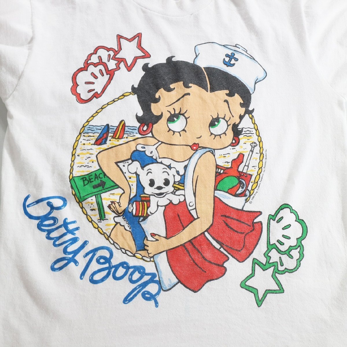 F□90年代 USA製 Betty Boop ベティブープ プリント 半袖 Tシャツ ベティちゃん キャラクター 海 水着 ホワイト 白 (L) 中古 古着 k4227_画像2