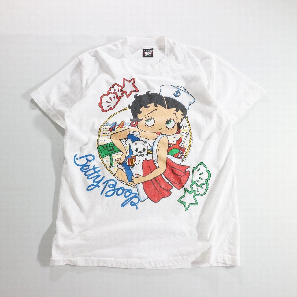 F□90年代 USA製 Betty Boop ベティブープ プリント 半袖 Tシャツ ベティちゃん キャラクター 海 水着 ホワイト 白 (L) 中古 古着 k4227_画像1