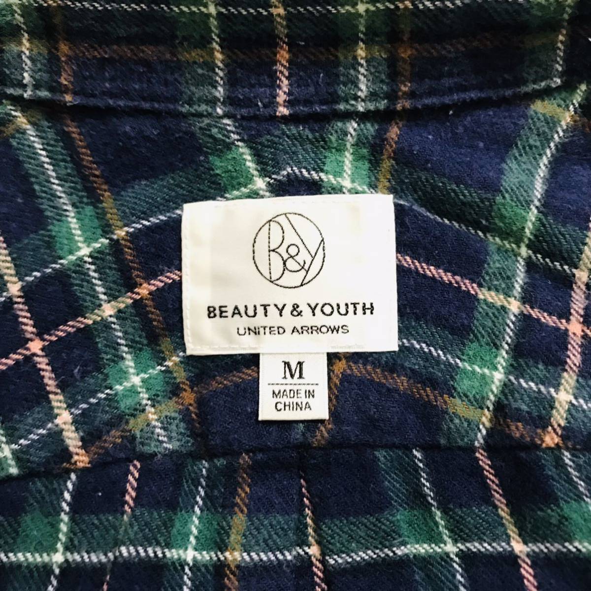 100円 UNITED ARROWS、ユナイテッドアローズ　BEAUTY&YOUTH グリーン　チェックシャツ　_画像3