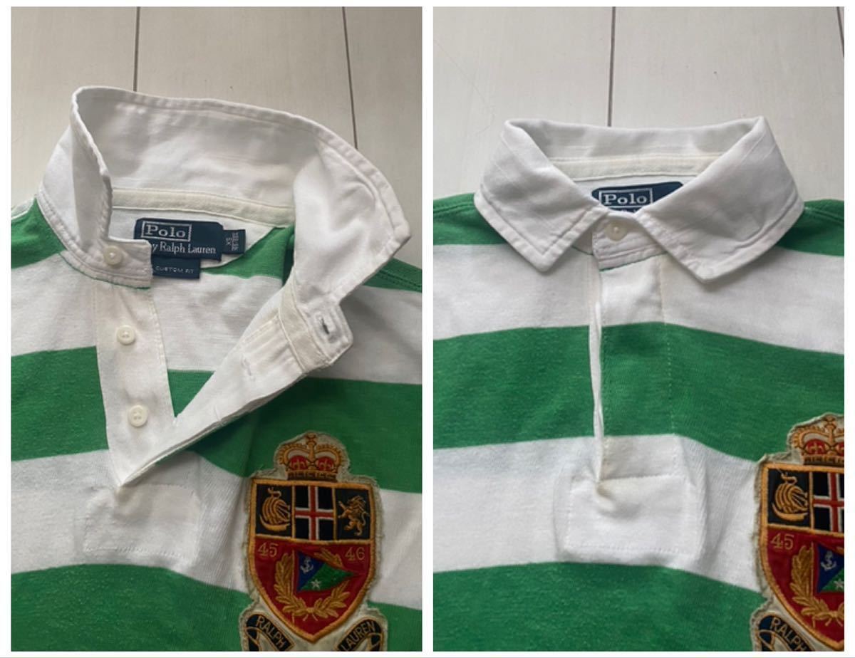 送料無料 美品 POLO ラルフローレン 長袖 ボーダー ラガー シャツ custom fit green white グリーン ホワイト sport rrl country stadium M_画像5