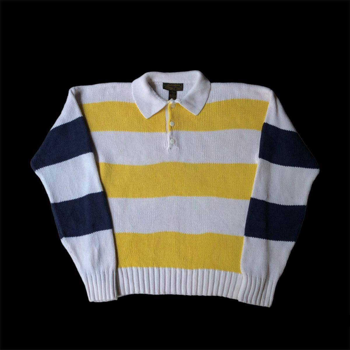 80s Eddie Bauer Thick Stripe Cotton Knit Polo Lサイズ 80年代 エディーバウアー 太ボーダー コットン ニットポロ 襟付きニット vintage
