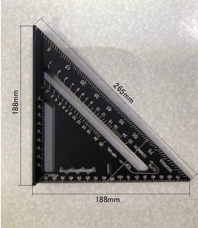 ■多機能 三角定規■アルミ合金 大工 木工 三角ルーラー 丸ノコ定規 両面目盛り 多角度 黒 ブラック 265*188*188mm 7インチ_画像3