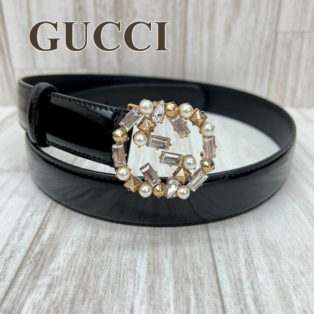 グッチ GUCCI ベルト インターロッキングGバックル コスチュームパール ビジュー 480199 ブラック エナメル