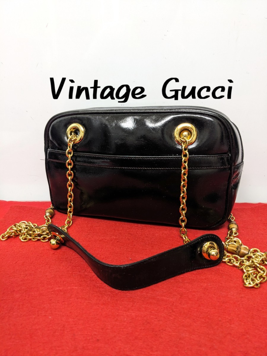 美品 Gucci バンブー レザー チェーンショルダーバッグ オールドグッチ 黒_画像1