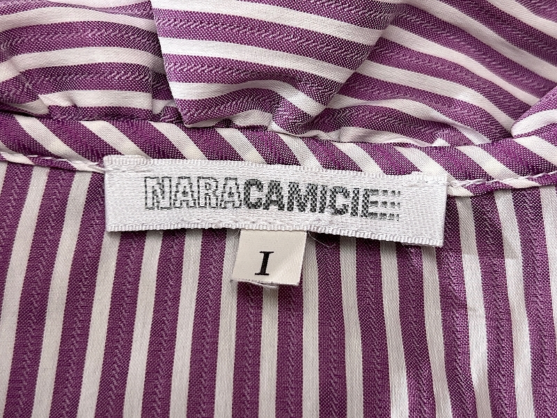 送料無料 G② NARACAMICIE ナラカミーチェ 装飾 フリル 総柄 ストライプ 長袖 ブラウス シャツ ピンクパープル M_画像5