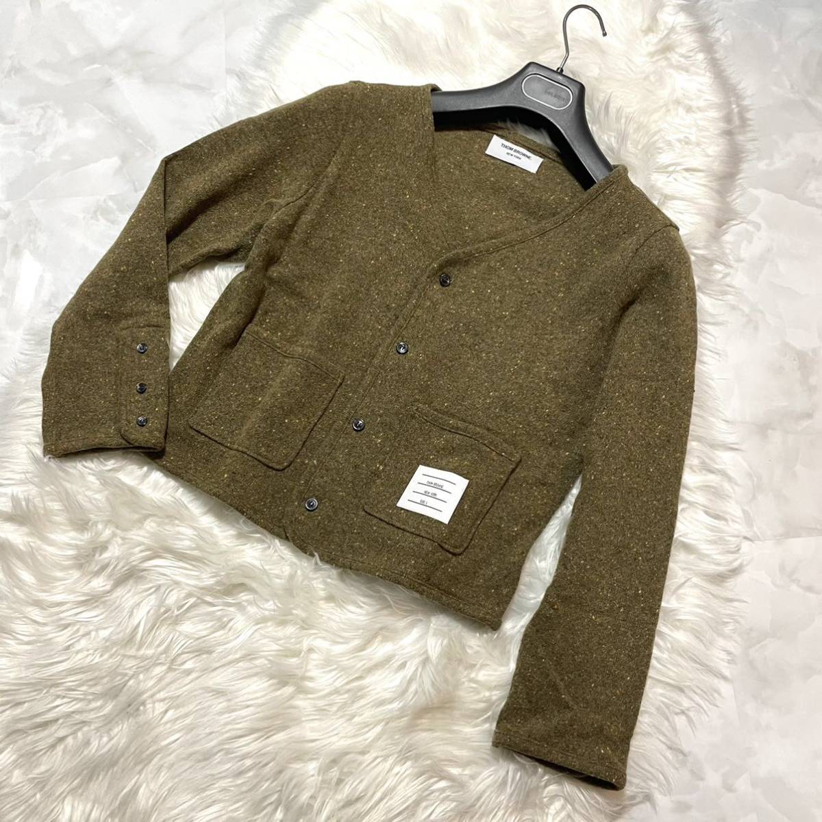 本物 美品 トムブラウン ウール混 ミックス ツイード カーディガン 1 カーキ系 THOM BROWNE (レターパック配送可)_画像5