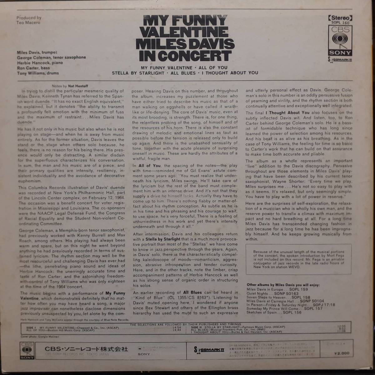 PROMO日本盤LP 見本盤 白ラベル Miles Davis / My Funny Valentine ～In Concert 1965年作の72年盤 CBS SONY SOPL 160 Herbie Hancock_画像3