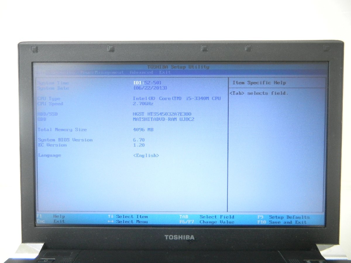 ノートパソコン■現状(BIOS起動しました）■東芝　TOSHIBA■Dynabook　R742/H■Corei5-3340M　320GB(HDD)　4GB(メモリ)　Sマルチ　13.3型■_画像2