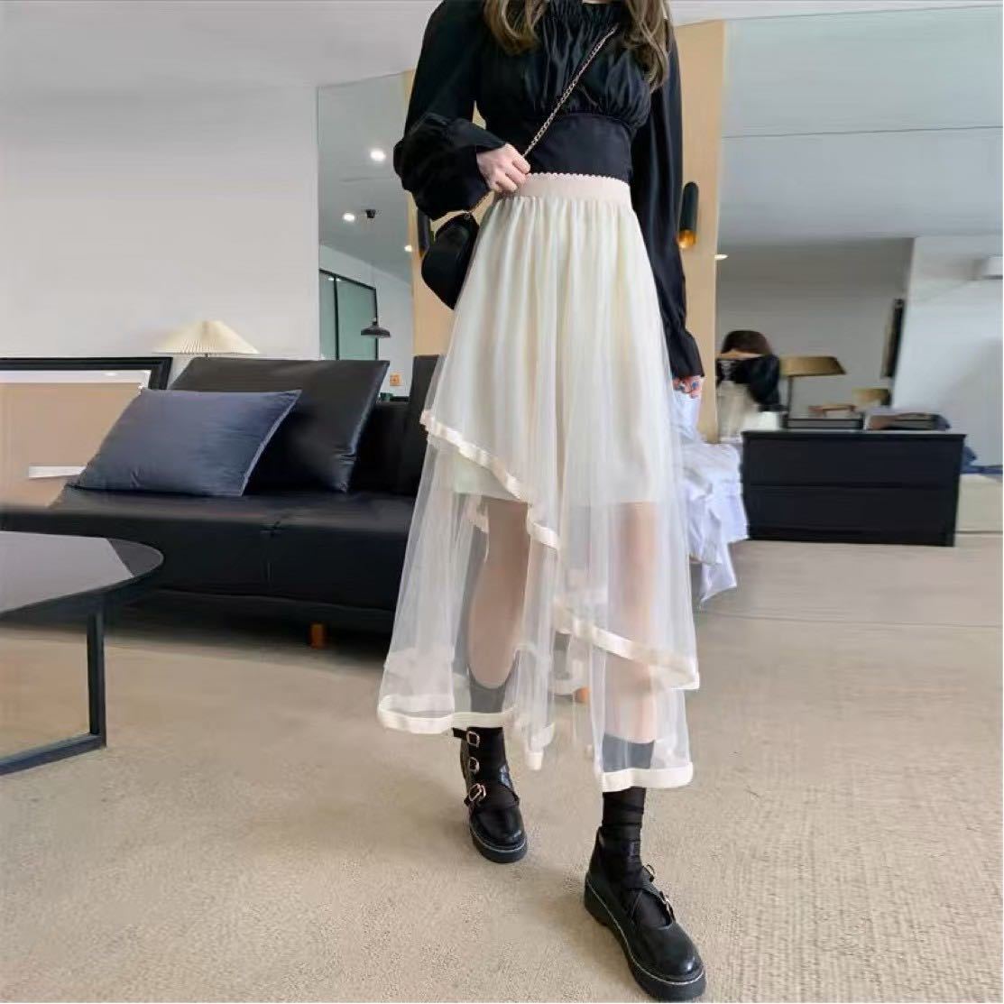 ロングスカート アシンメトリー レース シフォン スカート ロングスカート アシンメトリー レース シフォン スカート