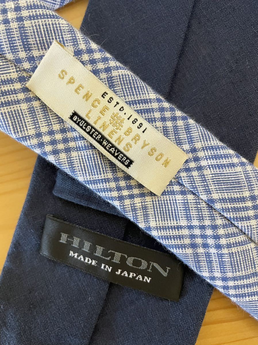 【美品】HILTON リネン100%ネクタイ　ネイビー×グレンチェック　大剣約8cm 日本製SPENCE M BRYSON LINENS 定番ネイビータイ_画像2