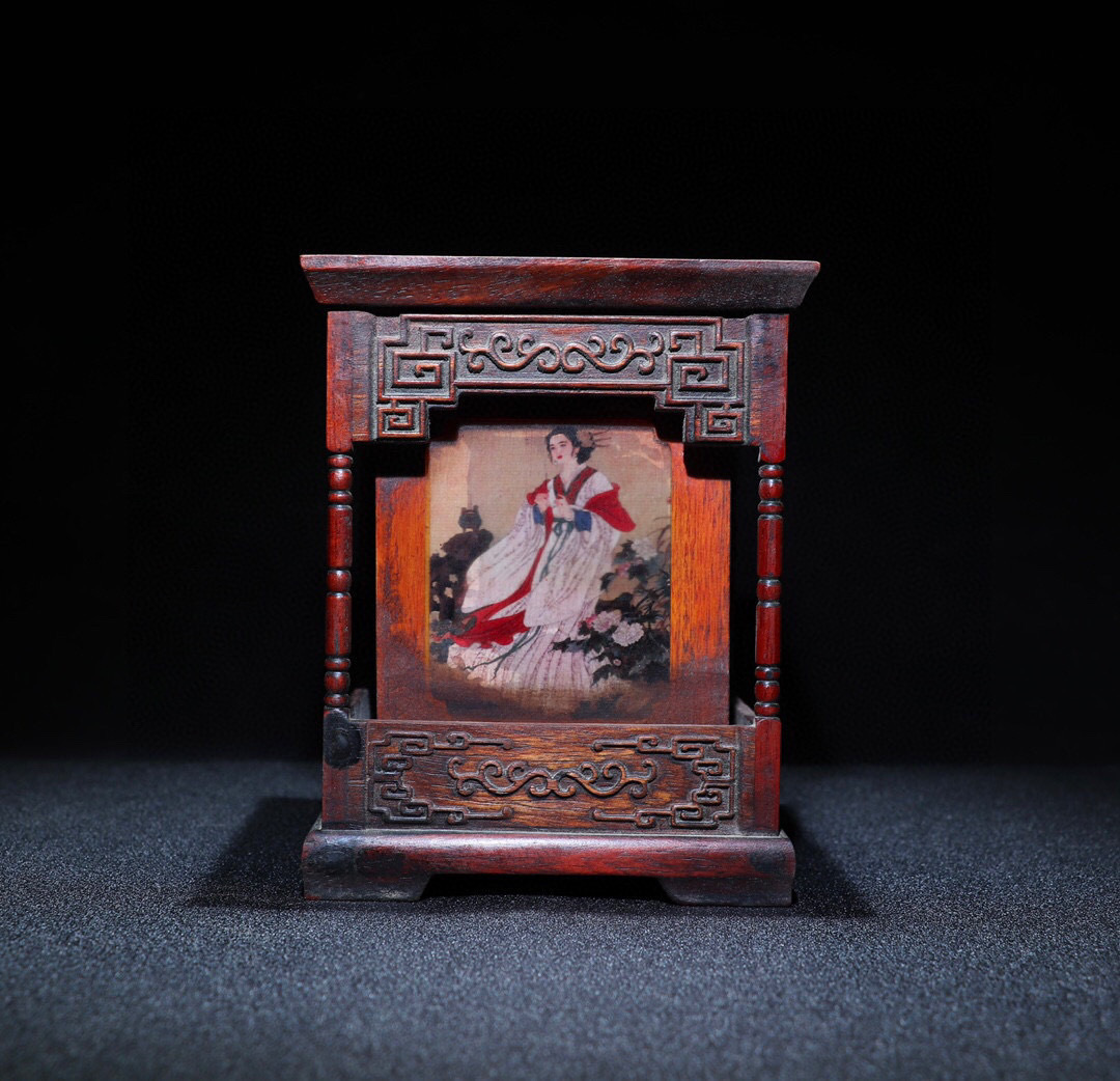 古寶奇蔵】花梨木製・細密彫・四大美女紋・筆筒・希少珍品・置物・賞物