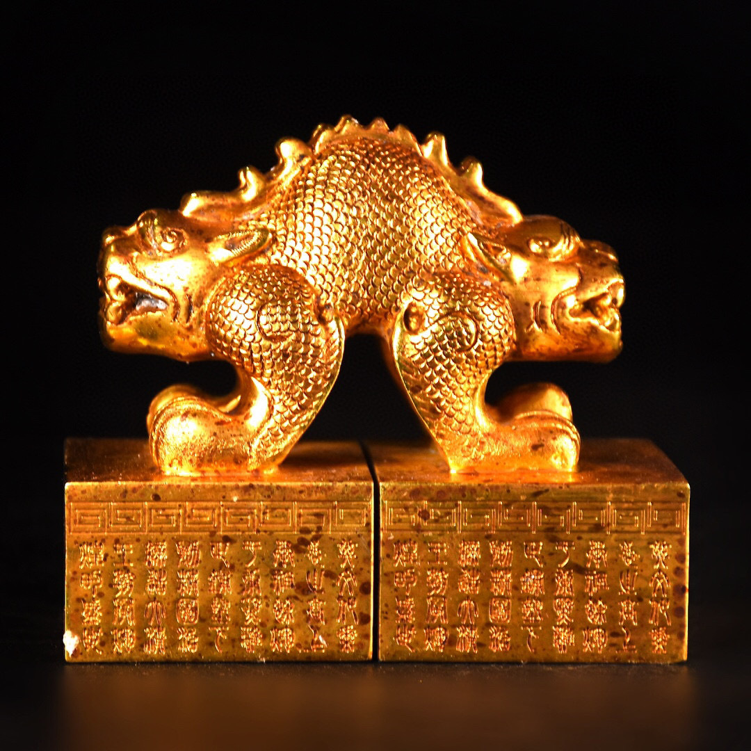 【古寶奇蔵】銅製・塗金・雙頭獣印章・希少珍品・置物・賞物・中国時代美術