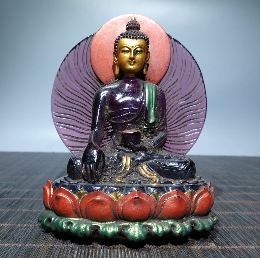 古寶奇蔵】琉璃製・細密彫・塗金・彩繪・如來像・置物・賞物・中国時代