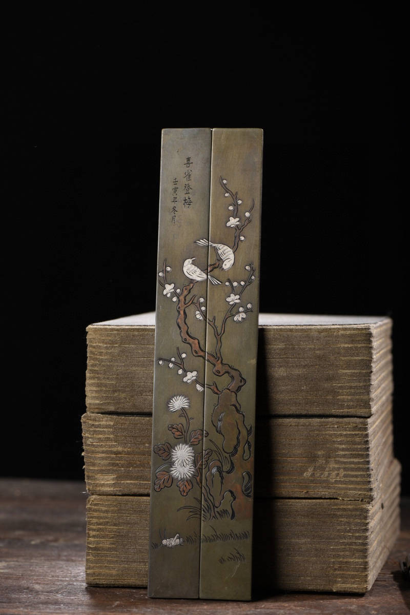 【古寶奇蔵】白銅製・銀鍍・喜鵲登梅紋・鎮尺一對・置物・賞物・中国時代美術