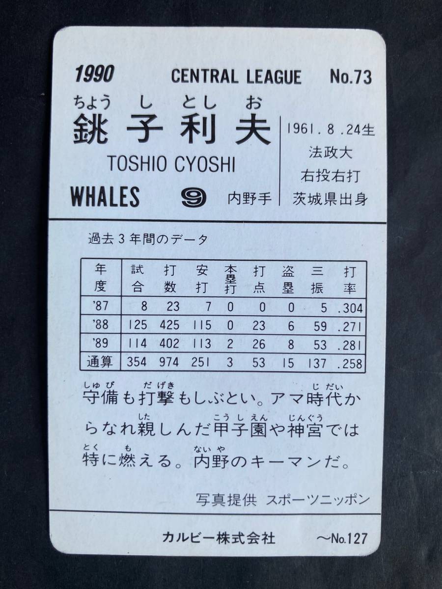 カルビープロ野球カード 90年 No.73 銚子利夫 大洋 1990年 ① (検索用) レアブロック ショートブロック ホログラム 地方版 金枠の画像2