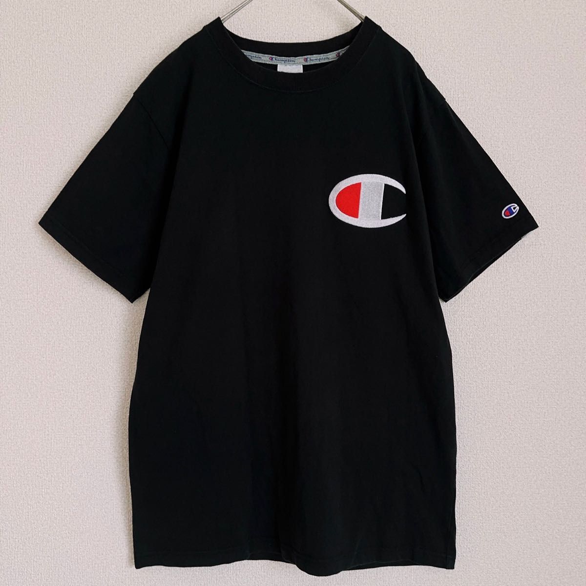 Champion チャンピオン でかロゴマーク 刺繍 半袖Tシャツ 黒 L 古着