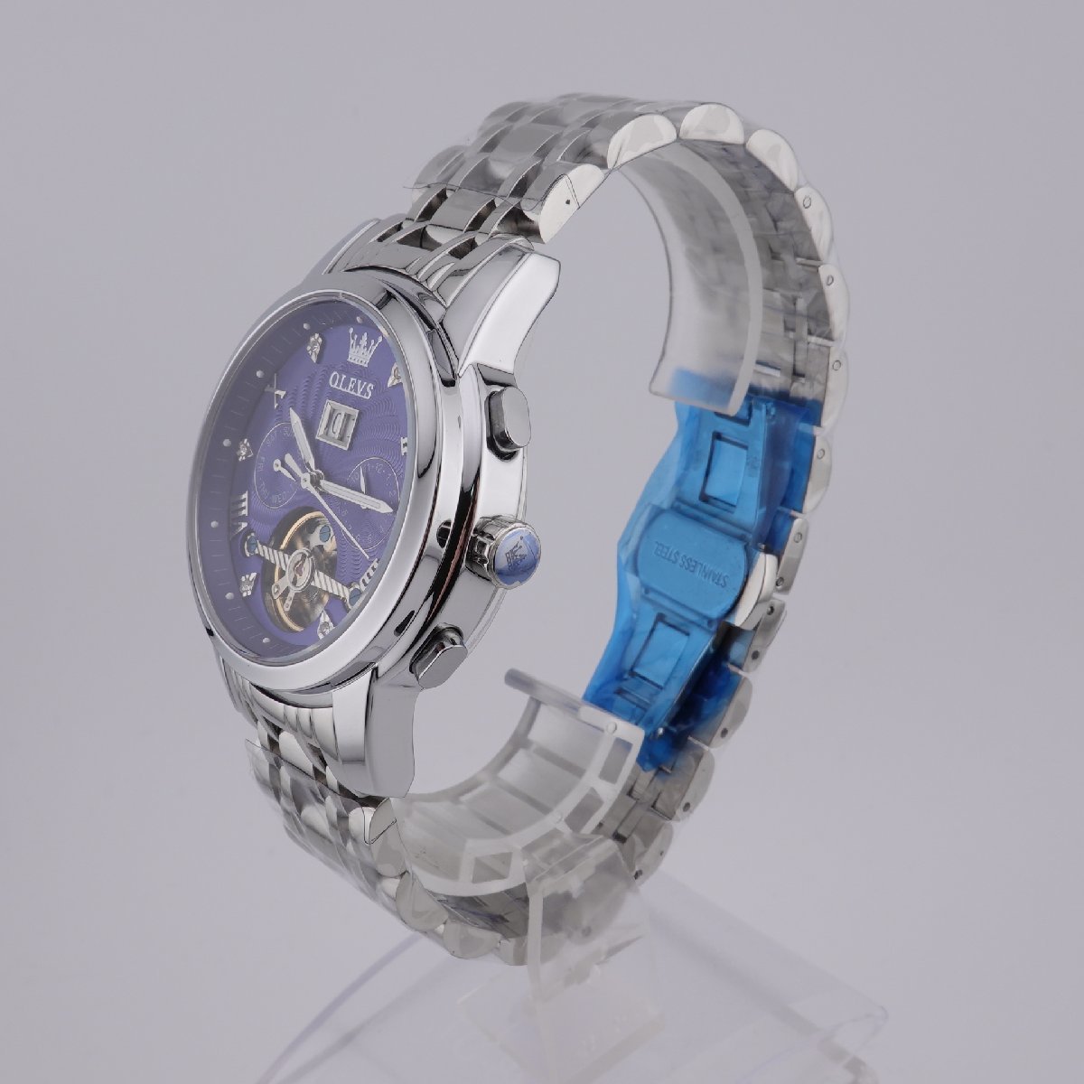 0271# OLEVS 腕時計 GX-JP-G9910GB-BL-8 手巻き付き自動巻き 3気圧防水 ブルー文字盤 夜光インデックス メンズ_画像3