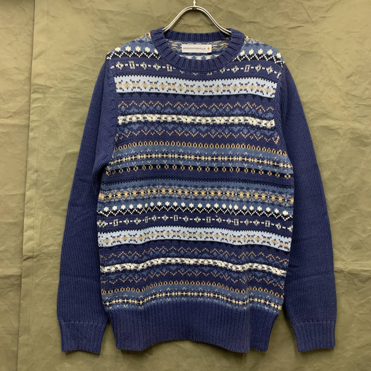 HEAD PORTER PLUS ARGYLE CREWNECK SWEATER ヘッドポーター プラス アーガイル クル0ネック セーター ネイビー ニット KNIT トップス_画像1