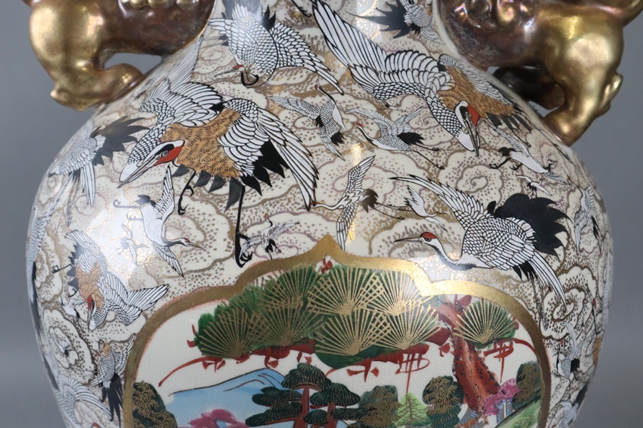 薩摩 丸十薩摩 金襴手 獅子耳 金彩色絵 郡鶴図大花瓶 高76,5cm 薩摩焼 