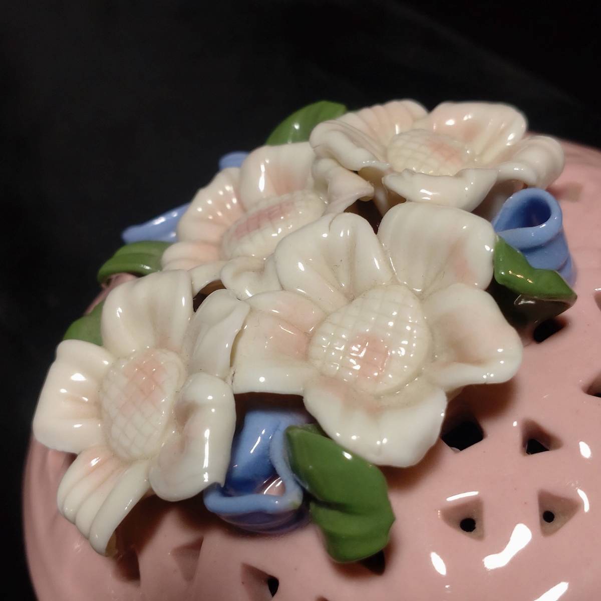 フラワー小物入れ 陶器 ポプリポット 直径約10.5cm ピンク色 洋風 飾り 置物 【3955】_画像5