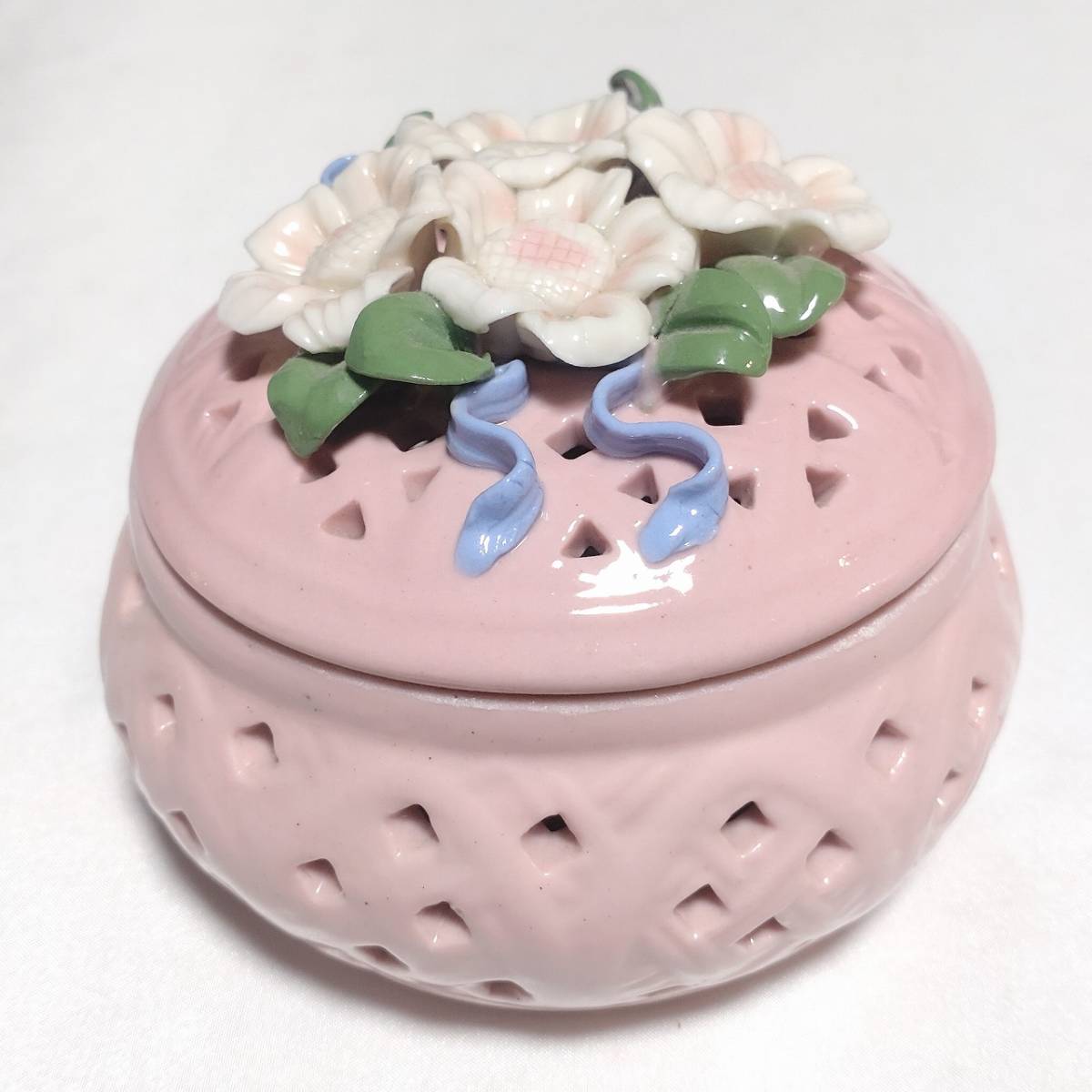 フラワー小物入れ 陶器 ポプリポット 直径約10.5cm ピンク色 洋風 飾り 置物 【3955】_画像7