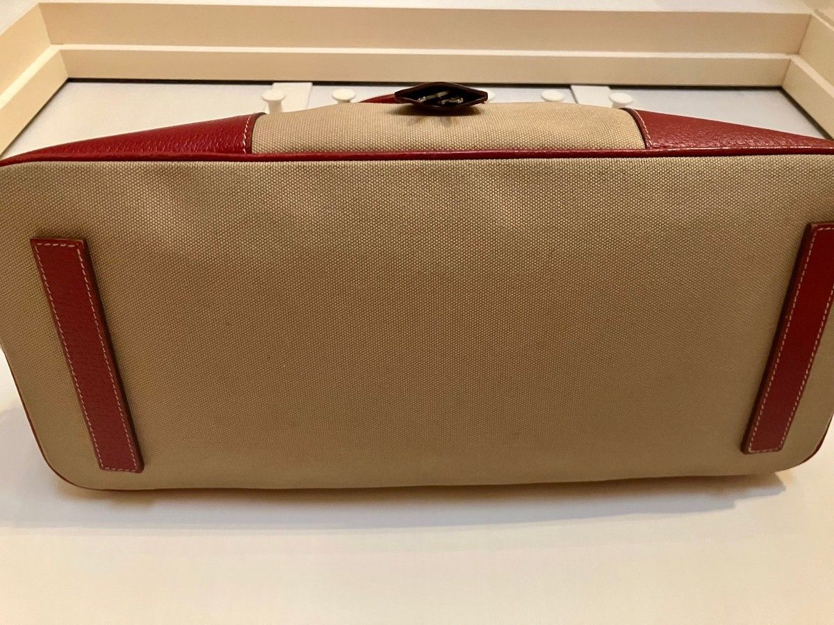 美品 プラダ 三角ロゴ キャンバス レザー トートバッグ ハンドバッグ PRADA