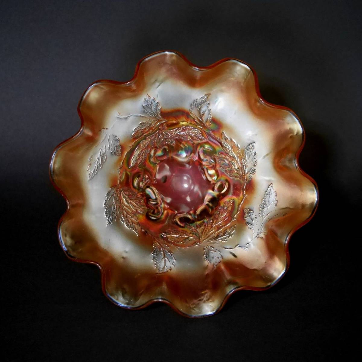 イングランド カーニバルグラス コンポート Amber Carnival Glass Ruffletop Compote, England_画像5