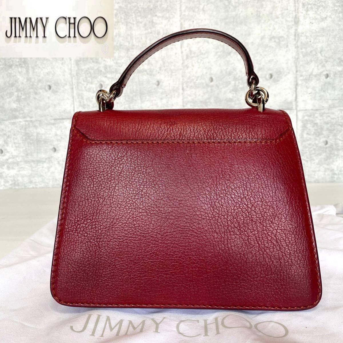 美品 JIMMY CHOO 定価273,900円 ジミーチュウ MADELINE マデリン トップハンドルバッグ レッド 2WAY クリスタルバックル  ショルダー レザー