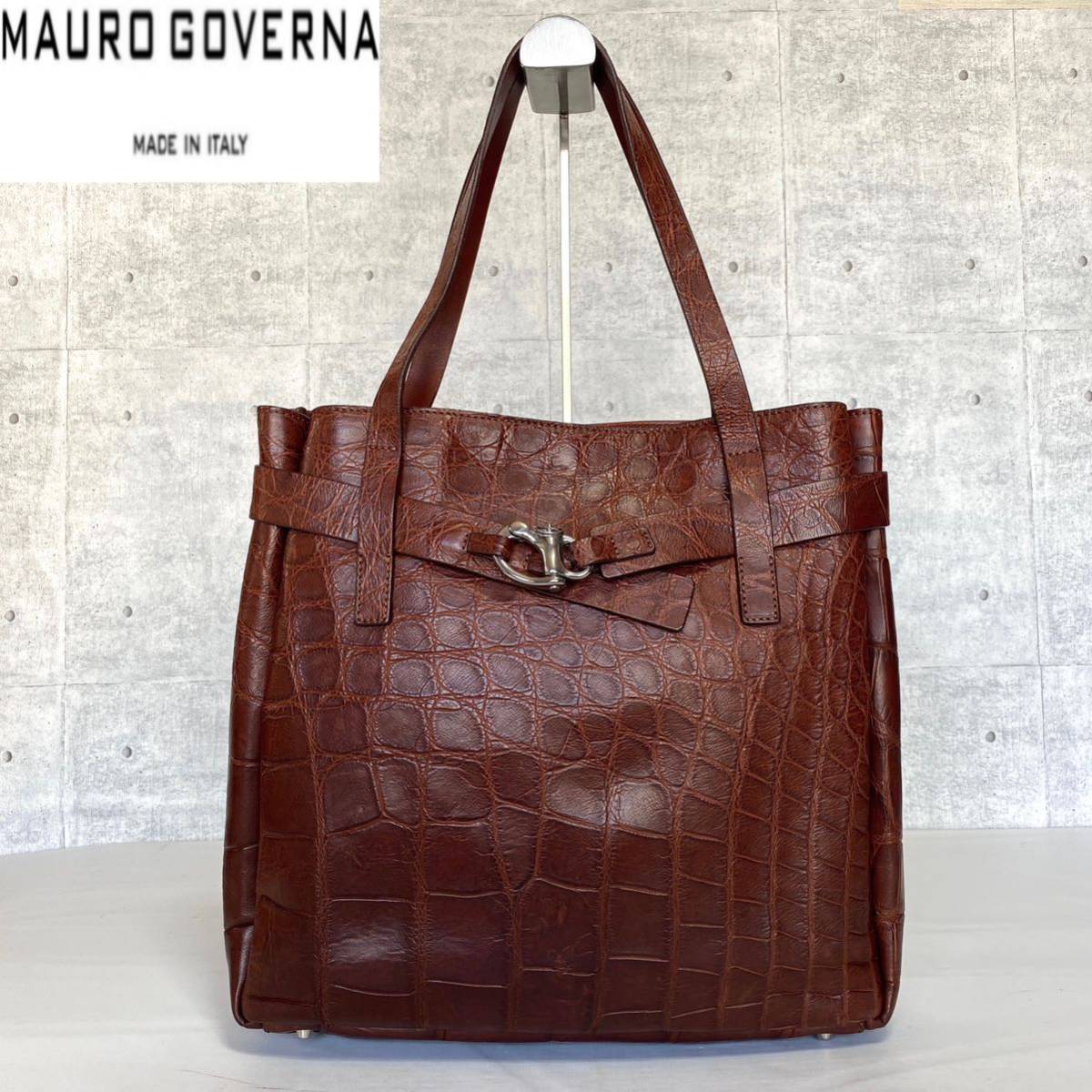 美品 MAURO GOVERNA マウロゴヴェルナ マットクロコダイル ブラウン レザー ハンドバッグ トートバッグ シルバー金具 肩掛け可能 A4収納