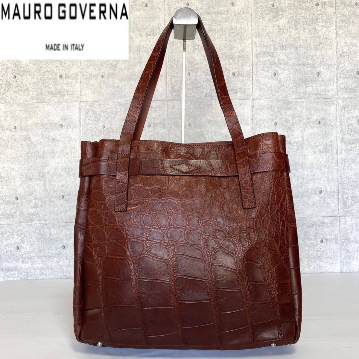 美品 MAURO GOVERNA マウロゴヴェルナ マットクロコダイル ブラウン レザー ハンドバッグ トートバッグ シルバー金具 肩掛け可能 A4収納