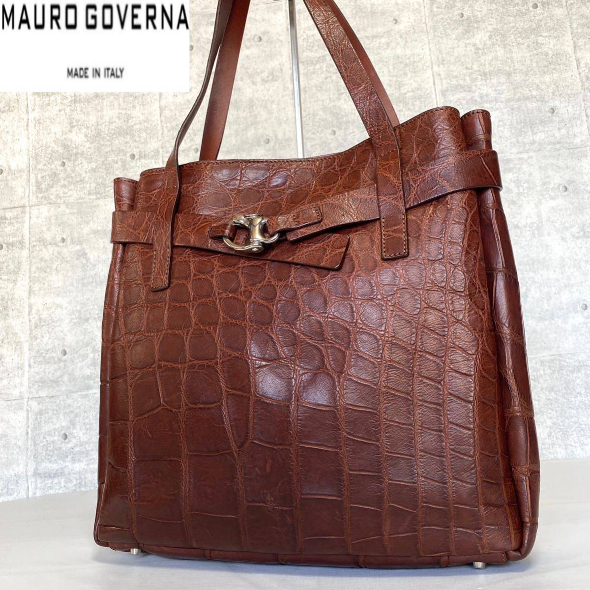 美品 MAURO GOVERNA マウロゴヴェルナ マットクロコダイル ブラウン レザー ハンドバッグ トートバッグ シルバー金具 肩掛け可能 A4収納