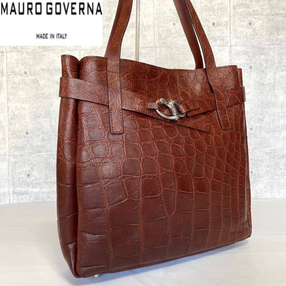 美品 MAURO GOVERNA マウロゴヴェルナ マットクロコダイル ブラウン レザー ハンドバッグ トートバッグ シルバー金具 肩掛け可能 A4収納