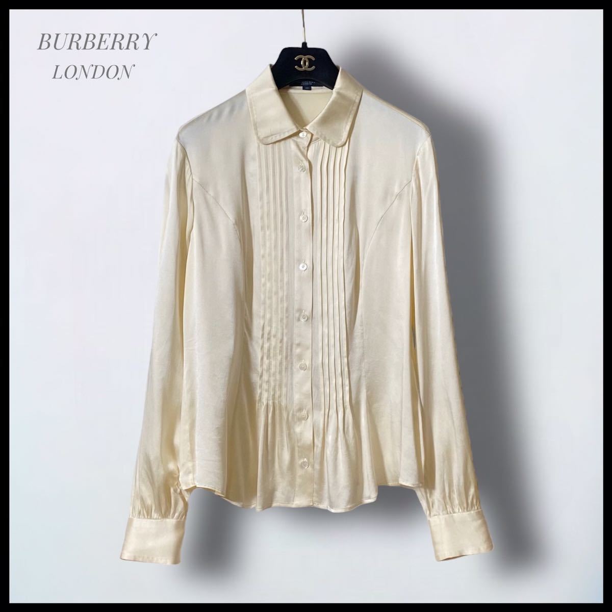 【BURBERRY】シルク ピンタックブラウス ロゴボタン 大きいサイズ長袖シャツ シャツブラウス