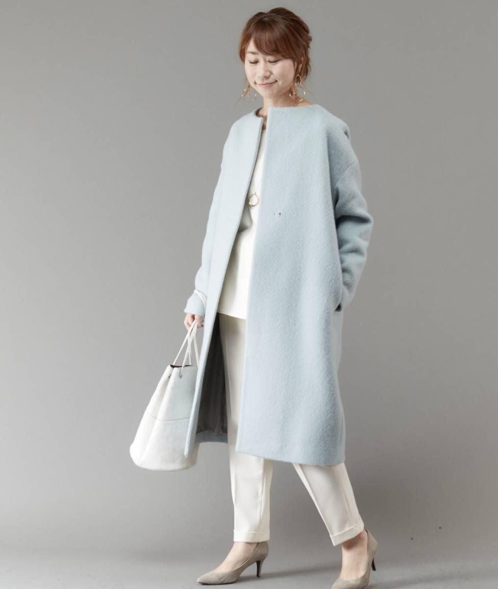 新品 Liesse リエス ノーカラーウールシャギーコート ミント ブルー 水色-