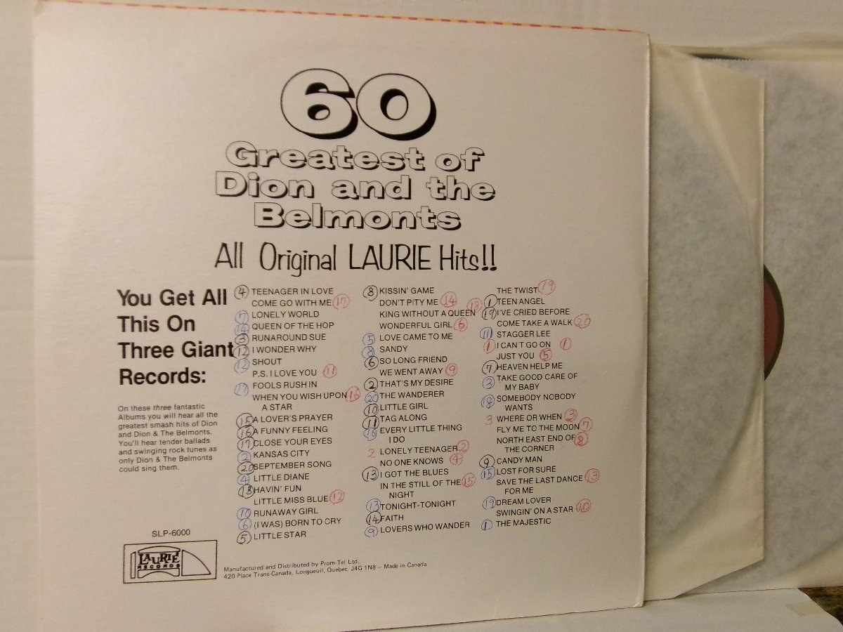 ▲3LP DION & THE BELMONTS ディオン&ベルモンツ / 60 GREATEST OF 輸入盤 LAURIE SLP-6000 OLDIES◇r51028_画像2