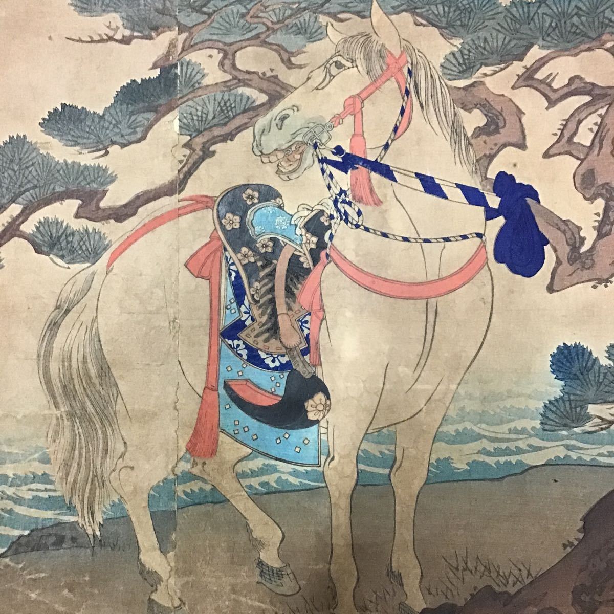 [ genuine work ] Akira . left horse . Biwa-ko .. cut Meiji era white horse ... one .. woodblock print .. three sheets ..