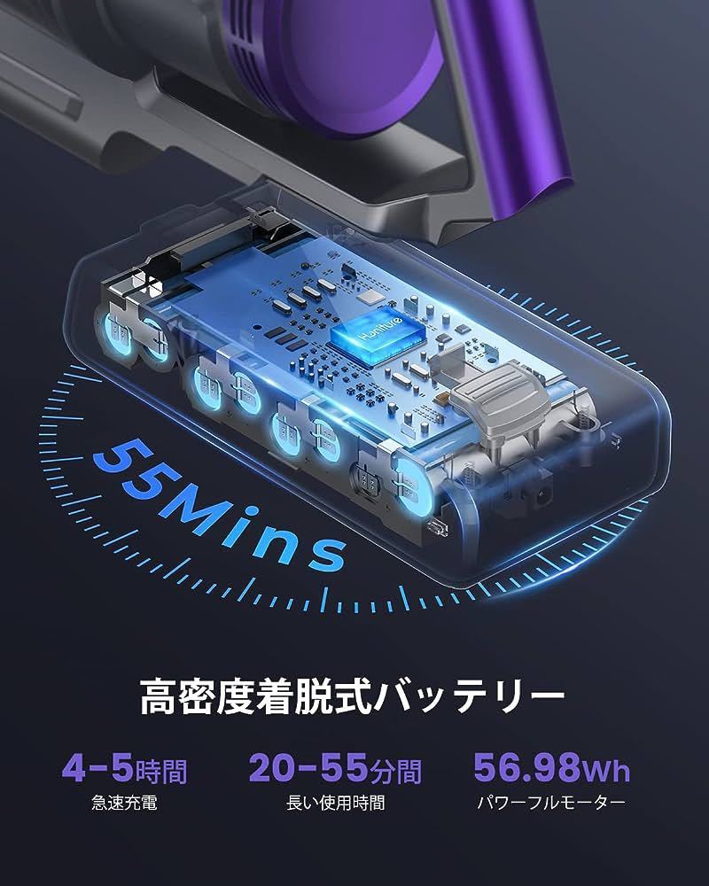 コードレス掃除機 33000pa 掃除機 サイクロン 180°まで平ら 55分間稼働 3段吸引力調整 OLEDディスプレイ LEDライト 7重濾過 アロマチップ